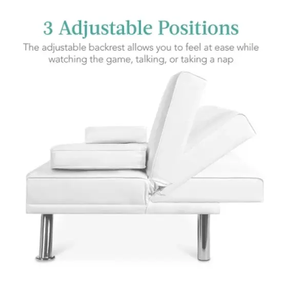 Best Choice Products Modern Faux Leather Convertible Futon Sofa w/ Removable Armrests, Metal Legs, 2 Cupholders - White image {1}