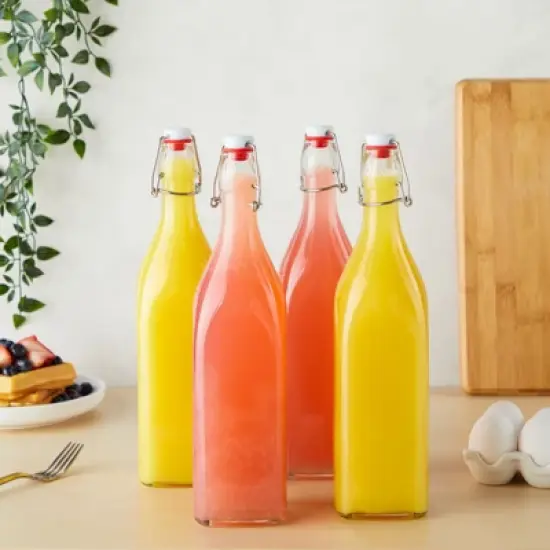 Juvale 4 Pack Square Flip Top Glass Bottle 32 oz with Cleaning Brush and Silicone Funnel for Homemade Brew, Drinks, Crafts image {1}