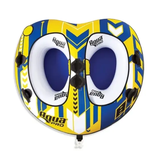 AquaPro 65 Inch Heavy Duty Double Stitched Nylon Deck Style Water Towable 2 Person Rider Tube with Quick Rope Connection, Yellow and Blue image {1}