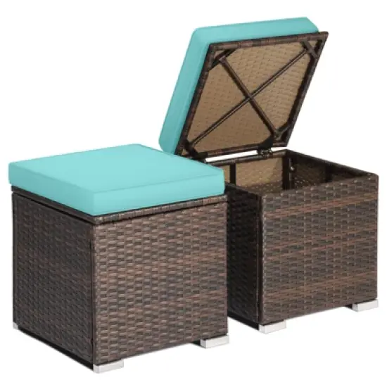 Tangkula 2 Pieces Patio Ottoman Outdoor Wicker Footstool Storage Box Side Table w/ Solid Metal Frame Additional Seating w/ Removable Cushions Beige/Off White/Red/Turquoise/Gray/Navy image {12}
