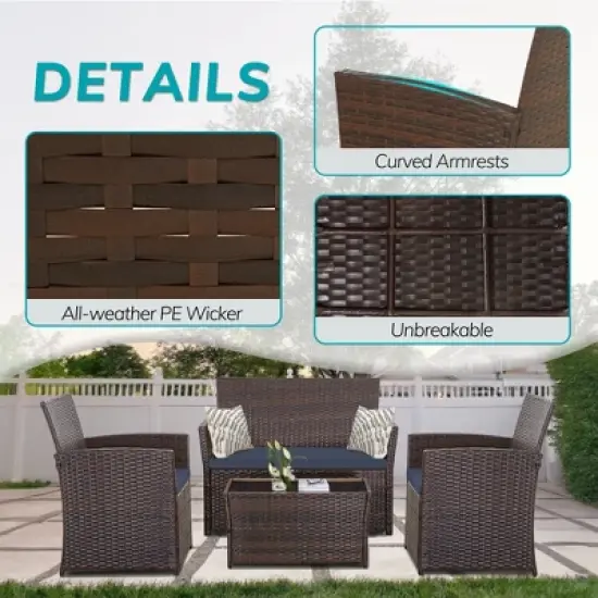 DOMETOUR 4 Piece Outdoor PE Wicker Furniture Set, Patio Brown Rattan Sectional Sofa Couch with Washable Cushions image {1}
