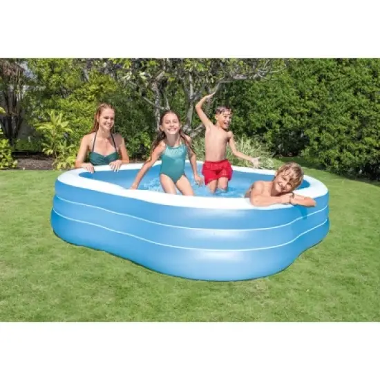 Intex 7.5' x 22" Beach Wave Swim Center Square Outdoor Backyard Inflatable Family Swimming Lounge Pool for Kids and Adults, Blue image {1}