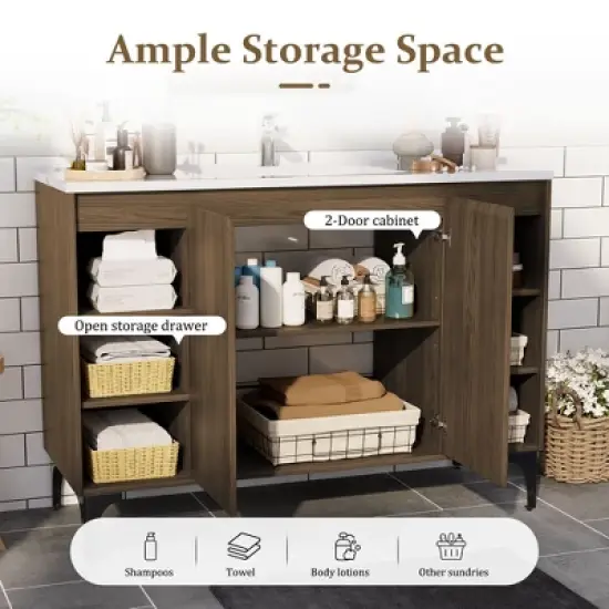 HYLEORY 48" Bathroom Vanity with Basin, Bathroom Storage Cabinet with Two Doors and open shelf, Solid Frame image {4}