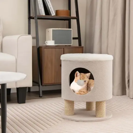 Costway 3-IN-1 Cat Condo Stool Kitty Bed with Scratching Posts & Plush Ball Toy Beige/Grey image {4}