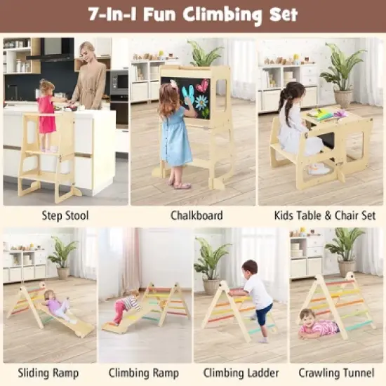Costway 7-in-1 Toddler Climbing Toy Set with Reversible Ramp Convertible Step Stool Multi-colored/Natural image {5}