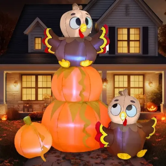 Joyfy 6 FT Thanksgiving Pumpkin Turkey Inflatable Stacking, Blow Up Outdoor Decorations With Built-in LED, Halloween Inflatable Decorations image {1}