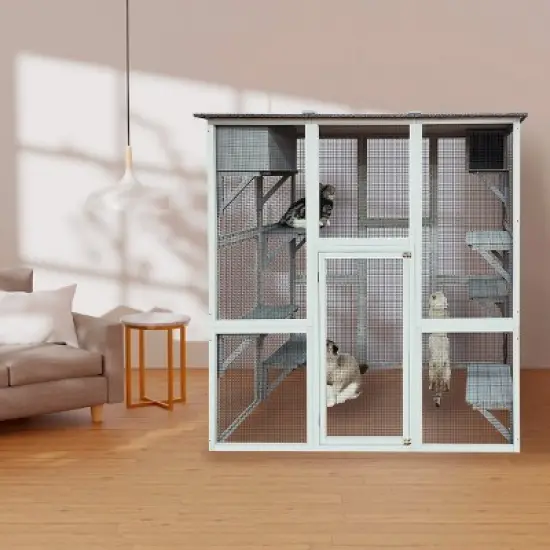 Wooden Catio Outdoor Cat Enclosure, Outdoor Cat House With Weatherproof, Large Solid Wood Cat Cage Playpen With 6 Jumping Platforms-Cuddlewood image {1}