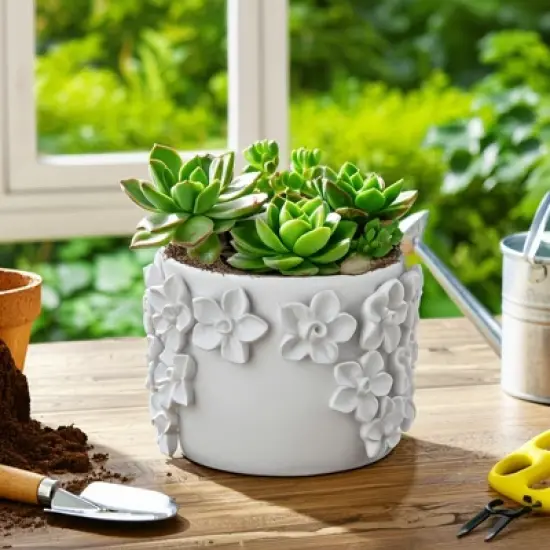 Planter Stoneware Ceramic Floral Design with Raised 3D Sculpted Flowers and Glossy Handcrafted Texture Detailing image {12}