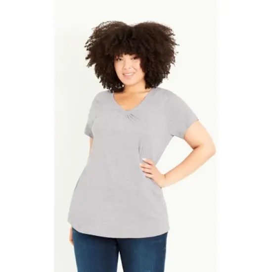 Women's Plus Size Gathered V Neck Cotton Top - grey | EVANS image {7}
