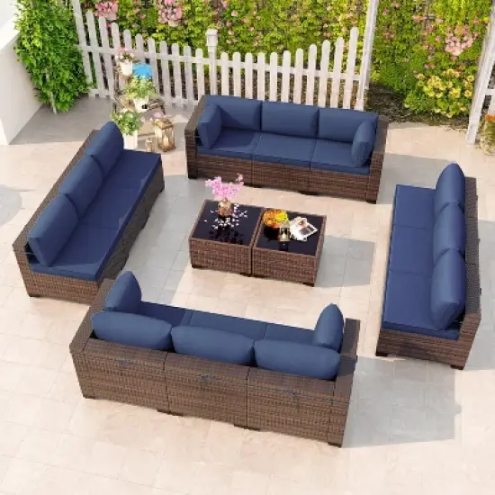 ALAULM 14 Pieces Outdoor Patio Furniture Set Outdoor Sectional Rattan Sofa Set Brown Manual Wicker Patio Conversation Set image {9}