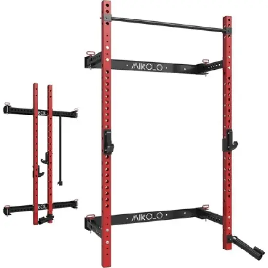ER Kang 2" x 2" Folding Squat Rack Wall Mounted, Power Rack with Pull Up Bar, J Hooks, Landmine, Space-Saving Home Gym 1000 LBS Capacity, Red image {7}