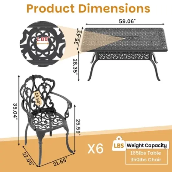 7-Piece Cast Aluminum Outdoor Dining Set with Beige Cushions, Rectangle Table & Ergonomic Chairs - for Patio, Backyard image {3}