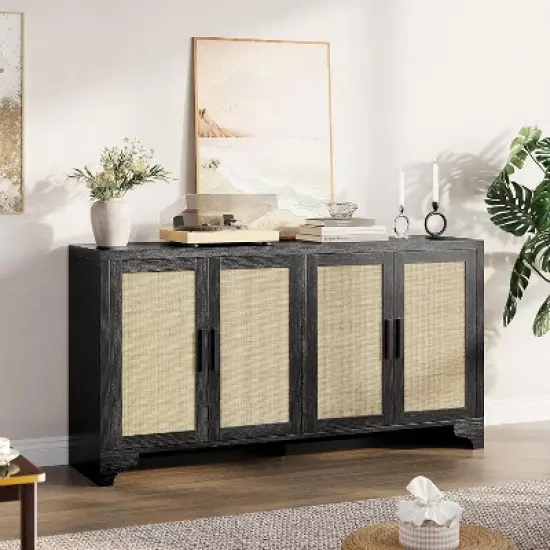 TV Stand for TVs Up to 70'', Natural Rattan Entertainment Center with Storage Cabinets, Boho Media Console Table for Living Room image {6}