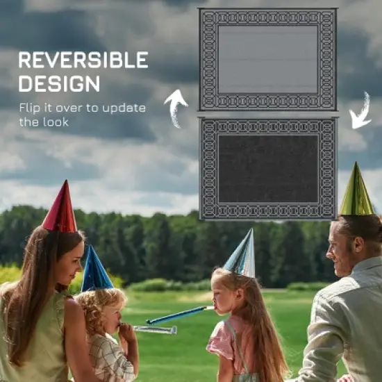 DOMETOUR Reversible Outdoor Rug, 9' x 12' Waterproof Mat, Portable RV Camping Carpet, Backyard, Deck, Picnic, Beach, Black & Gray Border image {2}