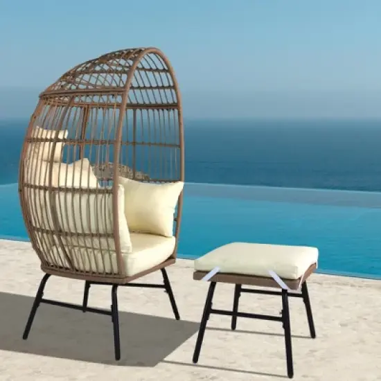 Egg Chair Outdoor, Patio Chair With Ottoman, Hand-woven PE Wicker, 3.9 Inches Thick Cushion, Steel Frame, Lumbar Support image {7}