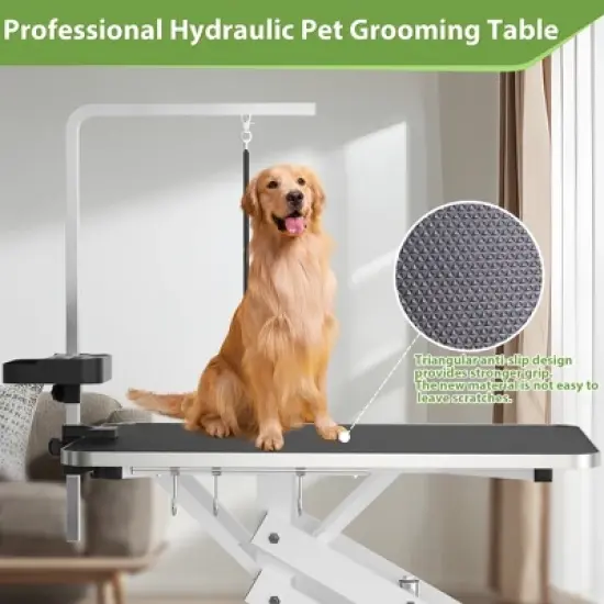 43 Inch Aluminum Frame Foldable Dog Grooming Table for Home with Adjustable Arm, Noose, Non-Slip Surface, and Storage Mesh Tray image {3}