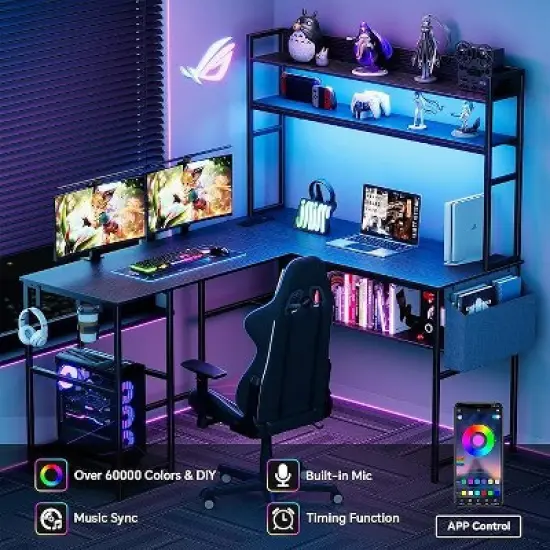 Mr Ironstone L Shaped Gaming Desk with LED Lights & Power Outlets Computer Desk with Hutch Office Desk with Storage Shelf, Headphone Hook,Cup Holder image {2}