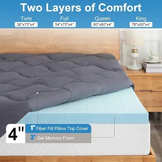 Vipbear 4 '' double-layer memory foam mattress top, cooling gel memory foam and top mattress, cooling and comfortable, suitable for 8-20 inch pockets image {3}