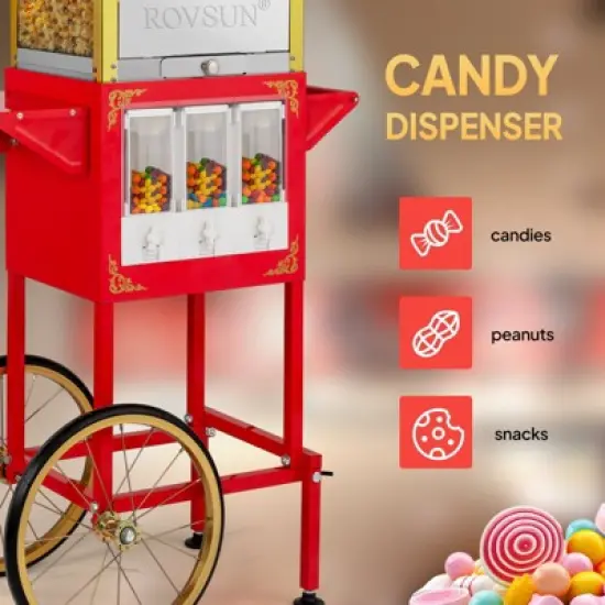 ROVSUN Popcorn Machine with Cart, Wheels & 8 Oz Kettle Makes Up to 32 Cups, Popcorn Maker w/ Candy Dispensers for Commercial Home Movie Theater image {4}