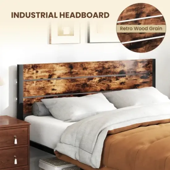 Costway Twin/Full/Queen/King Bed Frame with Tall Industrial Headboard Heavy-Duty Metal Slats Support Brown image {9}