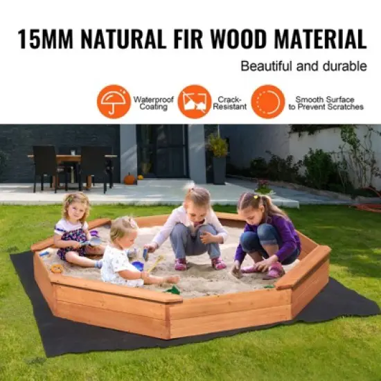 VEVOR Wooden Sandbox with Cover, 75.6 x 75.6 x 9.1 in Octagonal Sand Box, Sand Pit with 4 Seating and Bottom Liner image {3}
