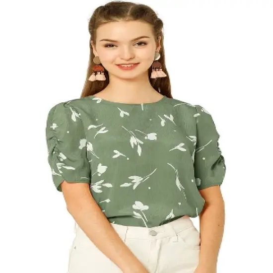 Allegra K Women's Floral Crew Neck Summer Casual Shirred Short Sleeve Blouse image {10}