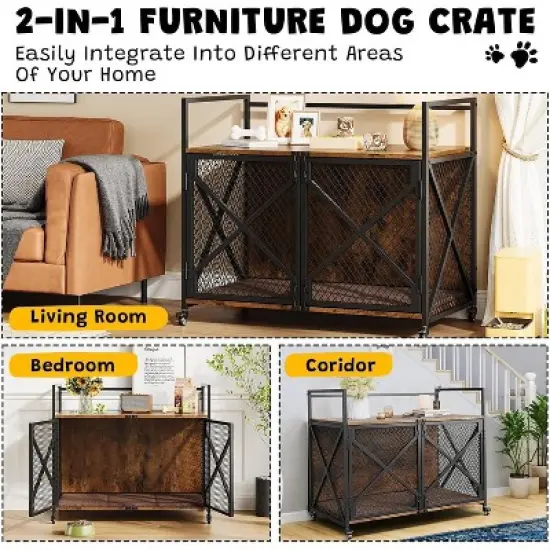 Acekool 41" Dog Crate Furniture - Locking Wheels & Modern Design image {6}