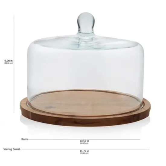 Libbey Acaciawood Flat Round Wood Server Cake Stand with Glass Dome image {3}