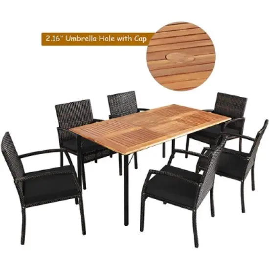 Tangkula 7PCS Patio Dining Furniture Set Yard w/ Wooden Tabletop Black Cushions image {4}