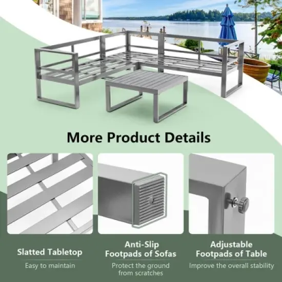 Costway 4PCS Patio Furniture Set Aluminum Frame Loveseat Coffee Table Cushions Deck Grey image {8}