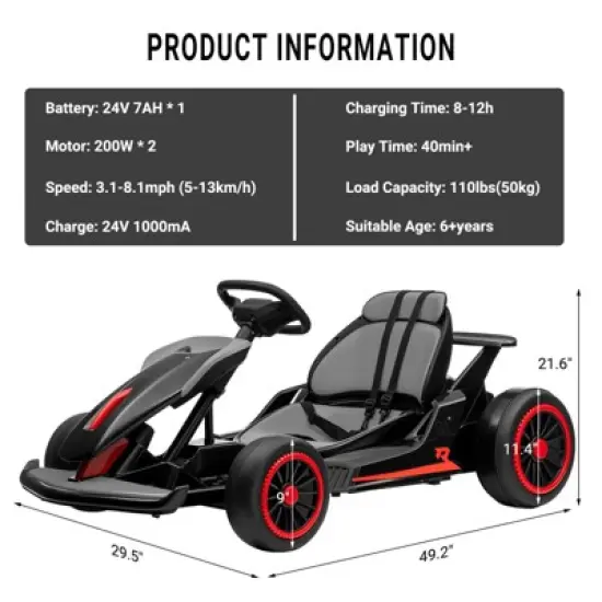 Kids Go Kart, Ride On Drift Kart with Dual 200W Motors, 24V Battery Powered Electric Drift Car, Outdoor 2-Speed Ride On Racing Toy image {6}