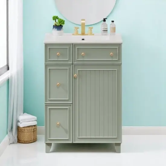 Mshliw 24" Bathroom Vanity with Ceramic Sink, 2 Drawers, Soft-Close Door, Freestanding Cabinet for Small Spaces, MDF and Wood image {18}