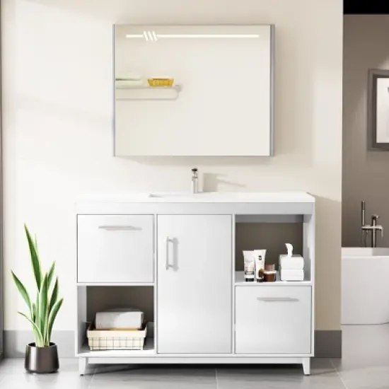 HYLEORY 48.03 in. W X 18.11 in. D X 35.04 in. H Basin Vanity with White Marble Top, Drawers and Open Shelf image {12}