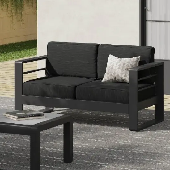 Christopher Knight Home Maya Bay Aluminum Outdoor Patio Loveseat with Cushions Black/Dark Gray image {1}