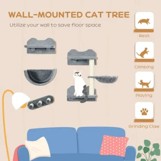 Kumasinova 4PCS Wall-Mounted Cat Tower with Scratching Post,Modern Cat Tree with Hammock,Cat Tree Tower with Perches&Steps,Space-Saving Cat Furniture image {3}