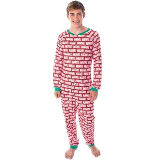 Marvel Logo Unionsuit with Christmas Lights Adult Onesie Pajamas Pjs Red image {4}