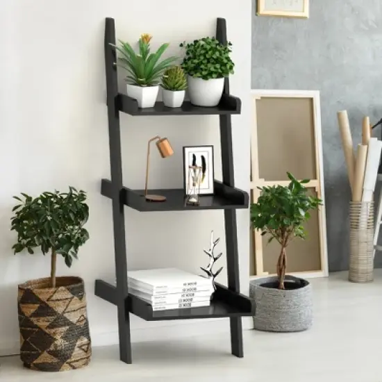 Costway 3 Tier Leaning Rack Wall Ladder Book Shelf Bookcase Storage Display Multipurpose image {2}