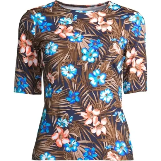 Lands' End Women's Crew Neck Elbow Sleeve Rash Guard UPF 50 Sun Protection Modest Swim Tee image {9}