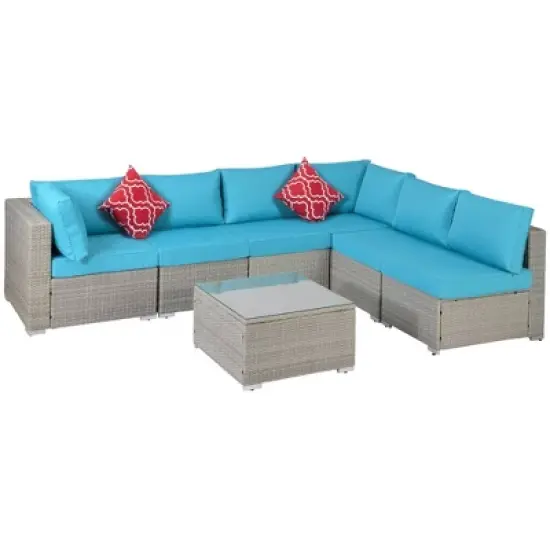 7pc Wicker Patio Conversation Set with Pillows & Cushion - Gray/Blue - GODEER image {4}
