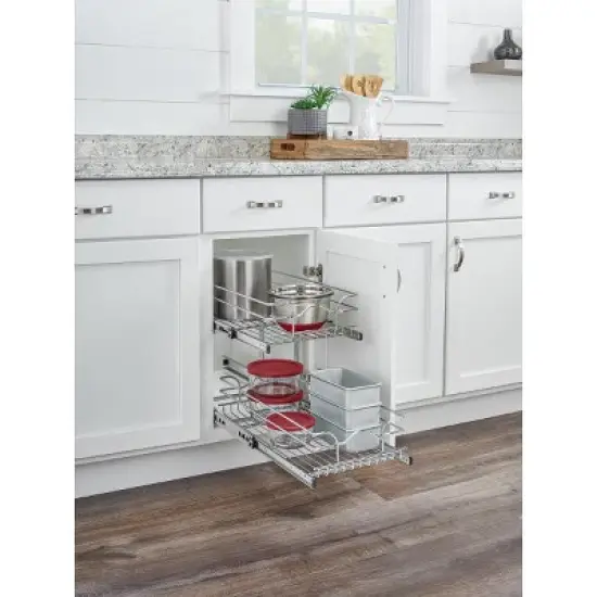 Rev-A-Shelf 5WB2 2-Tier Wire Basket Pull Out Shelf Storage for Kitchen Base Cabinet Organization, Chrome image {1}