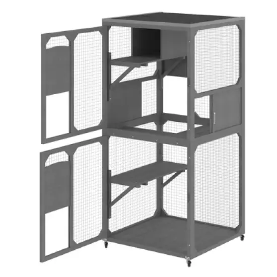 YOOCOZZ Catio  Indoor and Outdoor Cat Enclosure Window Access, 4 Tiers Cat House with Wheels, Resting Box & Waterproof Roof-Gray image {2}