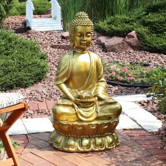 Sunnydaze 36"H Electric Fiberglass Relaxed Buddha Outdoor Water Fountain with LED Light image {1}
