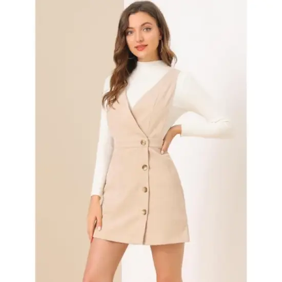 Allegra K Women's Corduroy Mini V Neck Vintage A-Line Bib Overall Pinafore Skirts image {1}