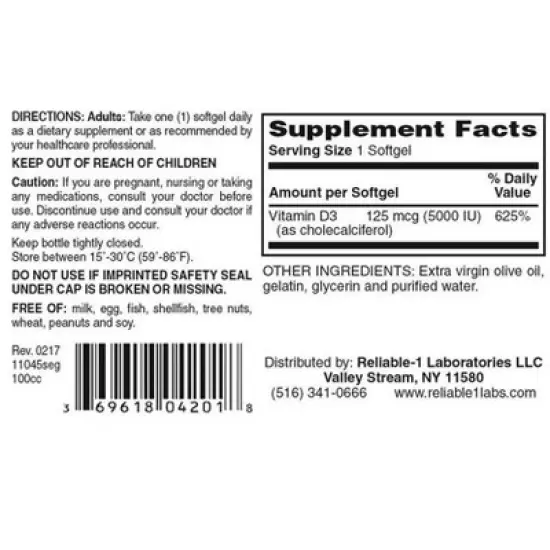 Reliable 1 Vitamin D3 5000UI Softgels, 100 Ct image {1}