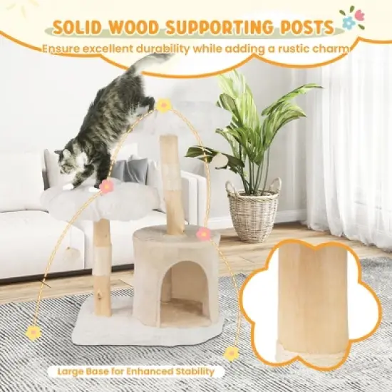 Tangkula Cute Solid Wood Cat Tree Natural Branch Modern Flower Cat Tower w/Soft Long image {4}