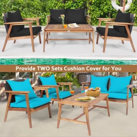 Costway 4PCS Patio Rattan Furniture Set Wooden Cushioned Sofa with Black & Turquoise Cover image {5}