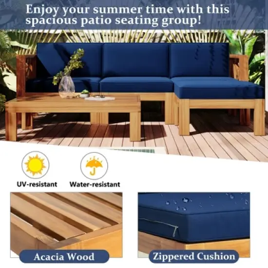 FIONECA Outdoor 5-Piece Wooden Sectional Sofa Set, Patio Backyard Seating Group with Cushions, Natural Wood Finish + Blue Cushions image {4}