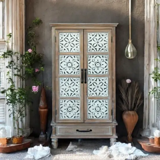 55.12'' Tall Tower Storage Cabinet - Rustic Wood Sideboard Pantry Cabinet with 2 Doors and A Drawer,Versatile Buffet with Storage for Home Decor image {5}