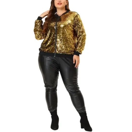 Agnes Orinda Women's Plus Size Party Metallic Sequin Sparkle Zip Bomber Jackets image {1}