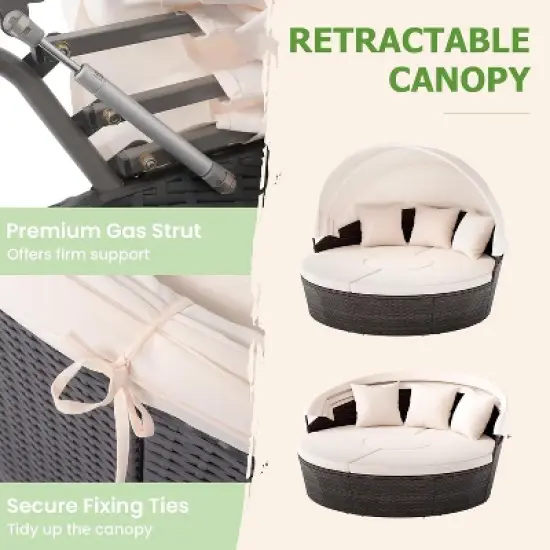 Tangkula Patio Round Daybed with Retractable Canopy PE Rattan Cushioned Sectional Seating with Center Table Couch & Throw Pillows Outdoor Sunbed image {1}